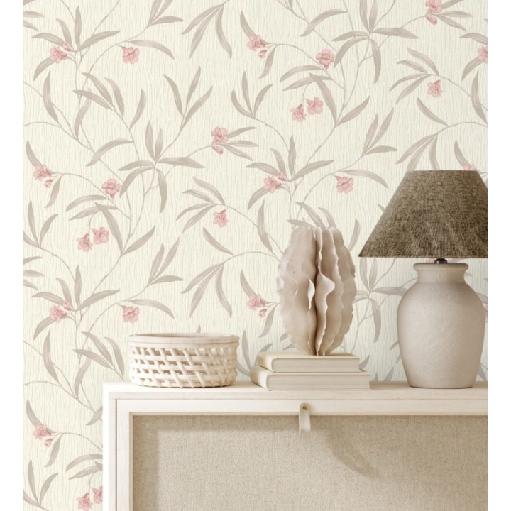 Papel pintado de flores rosa coral y hojas gris topo en relieve con toque nacarado - Jasmine Joy 682831