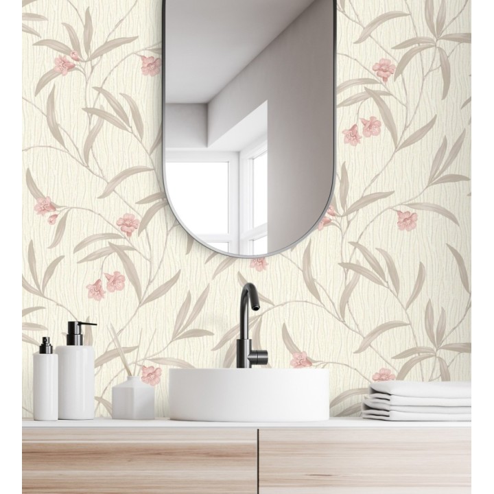 Papel pintado de flores rosa coral y hojas gris topo en relieve con toque nacarado - Jasmine Joy 682831