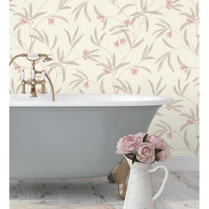 Papel pintado de flores rosa coral y hojas gris topo en relieve con toque nacarado - Jasmine Joy 682831