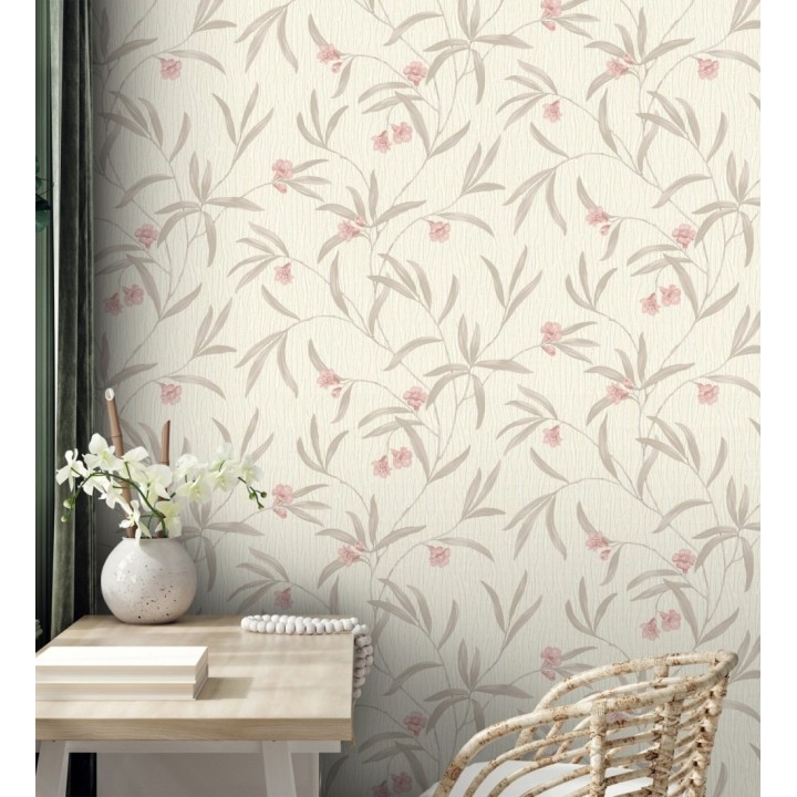 Papel pintado de flores rosa coral y hojas gris topo en relieve con toque nacarado - Jasmine Joy 682831