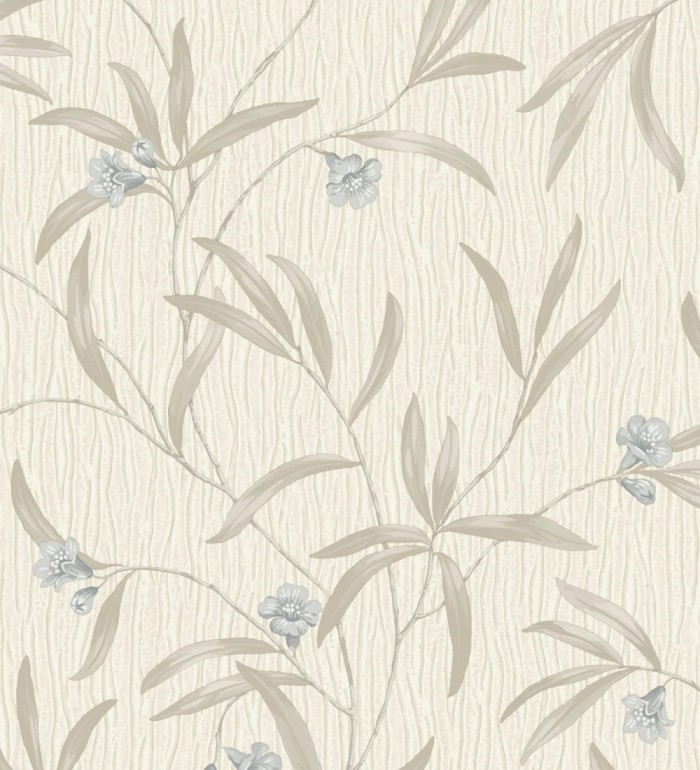 Papel pintado de flores azules y hojas grises en relieve con toque nacarado - Jasmine Joy 682832