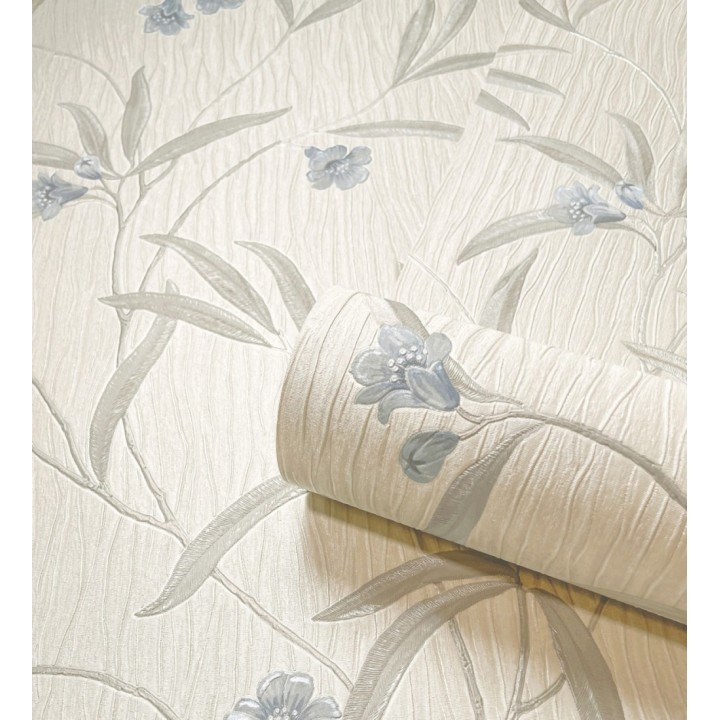 Papel pintado de flores azules y hojas grises en relieve con toque nacarado - Jasmine Joy 682832