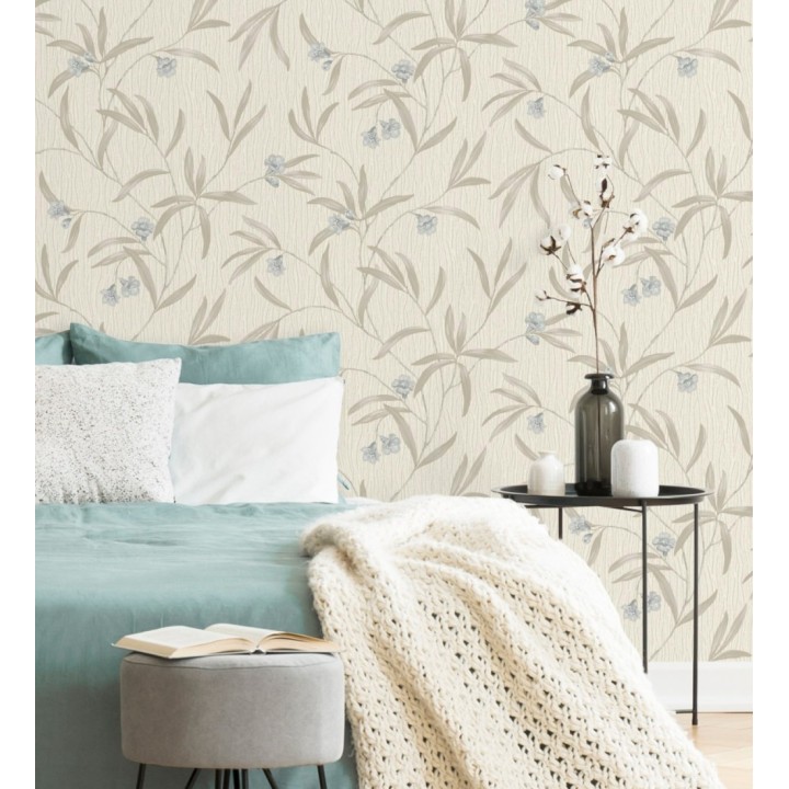 Papel pintado de flores azules y hojas grises en relieve con toque nacarado - Jasmine Joy 682832