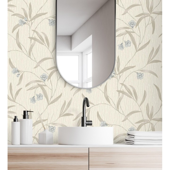 Papel pintado de flores azules y hojas grises en relieve con toque nacarado - Jasmine Joy 682832