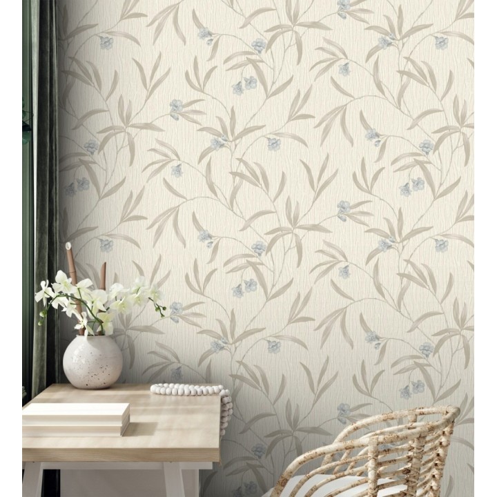 Papel pintado de flores azules y hojas grises en relieve con toque nacarado - Jasmine Joy 682832