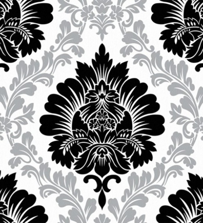 Papel pintado damasco negro con detalles planta fondo blanco - Robin Classic 123144