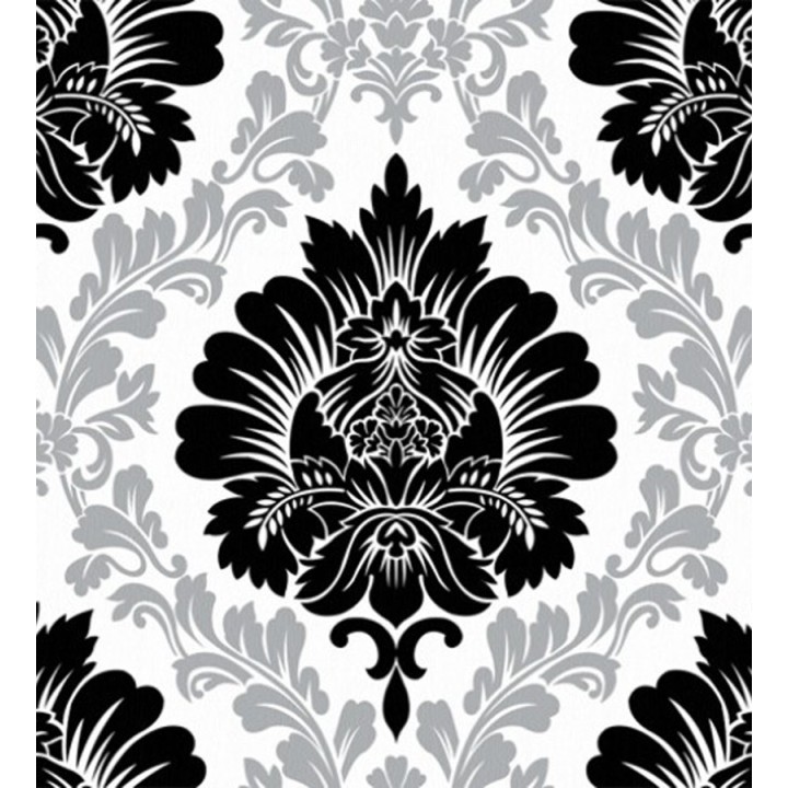 Papel pintado damasco negro con detalles planta fondo blanco - Robin Classic 123144