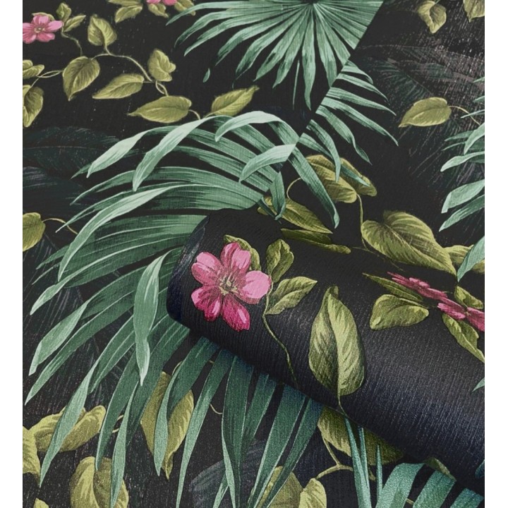 Papel pintado de hojas de palmera tropical color verde turquesa y negro - Polynesia Paradise 682837