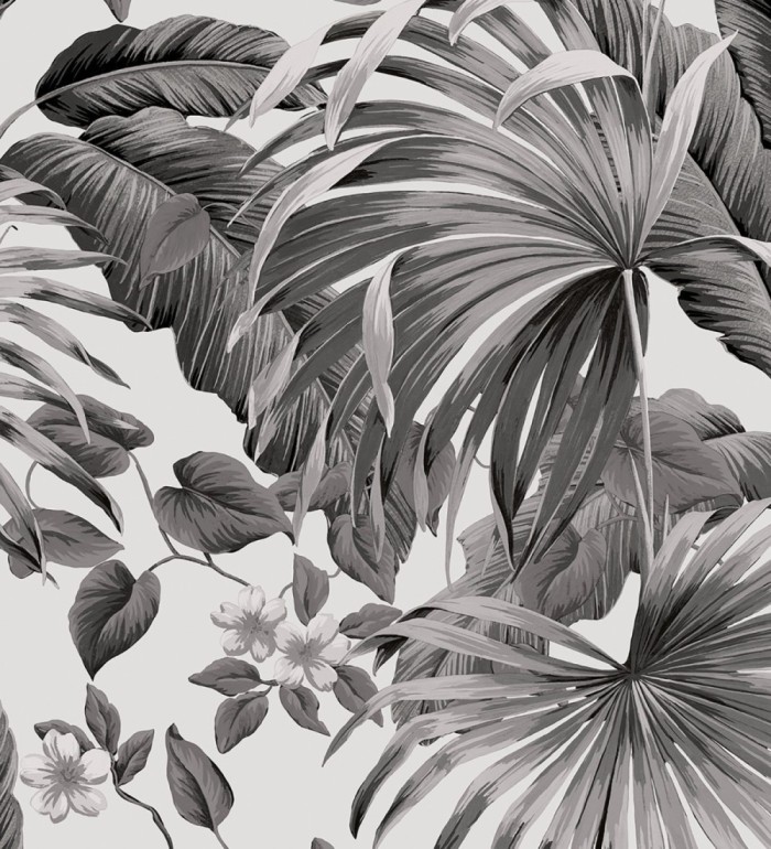 Papel pintado de hojas de palmera tropical color blanco gris y negro - Polynesia Paradise 682838
