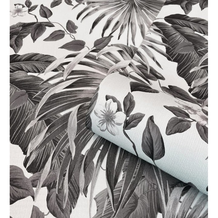 Papel pintado de hojas de palmera tropical color blanco gris y negro - Polynesia Paradise 682838
