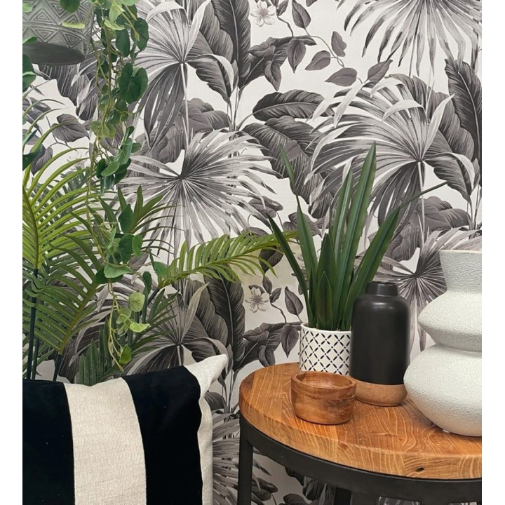 Papel pintado de hojas de palmera tropical color blanco gris y negro - Polynesia Paradise 682838