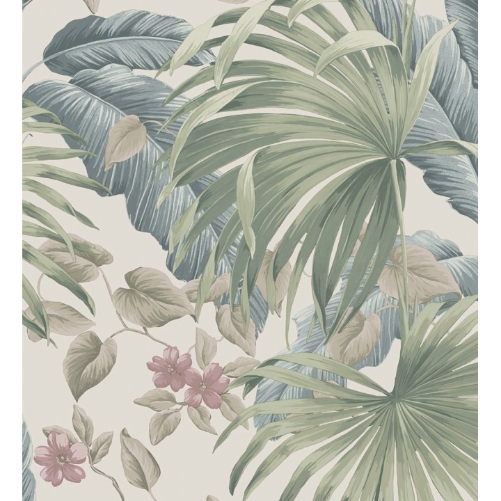 Papel pintado de hojas de palmera tropical color verde azul y marfil claro - Polynesia Paradise 682839