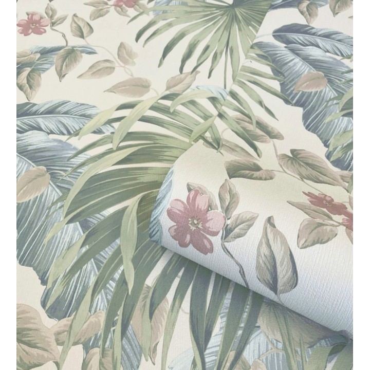 Papel pintado de hojas de palmera tropical color verde azul y marfil claro - Polynesia Paradise 682839