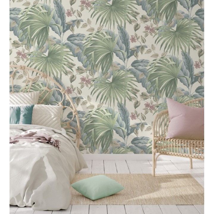 Papel pintado de hojas de palmera tropical color verde azul y marfil claro - Polynesia Paradise 682839