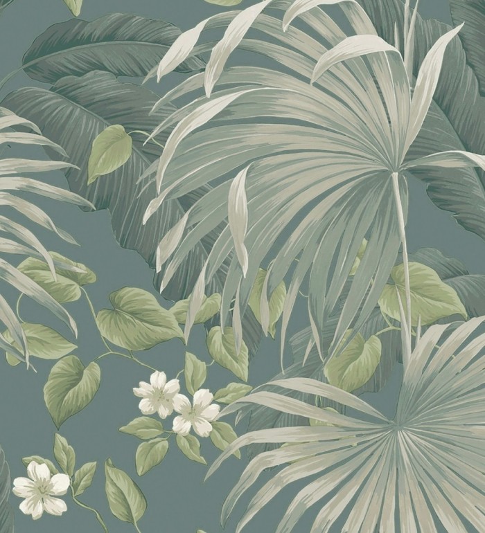 Papel pintado de hojas de palmera tropical color verde beige y azul grisáceo - Polynesia Paradise 682840