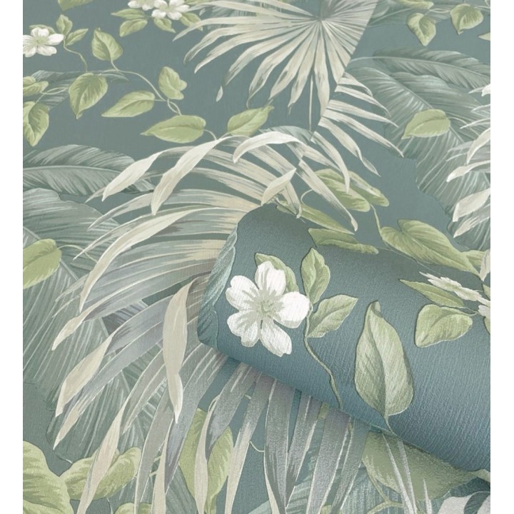 Papel pintado de hojas de palmera tropical color verde beige y azul grisáceo - Polynesia Paradise 682840