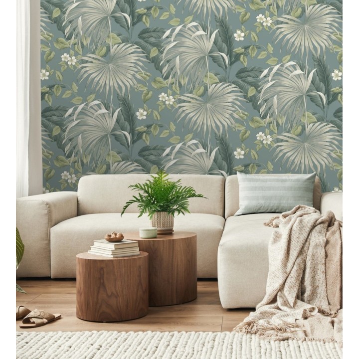 Papel pintado de hojas de palmera tropical color verde beige y azul grisáceo - Polynesia Paradise 682840