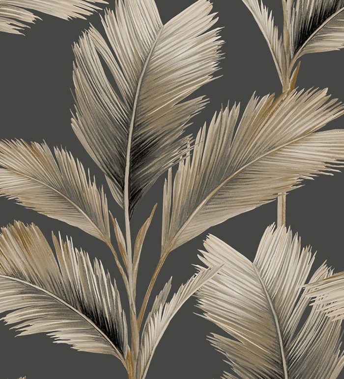 Papel pintado hojas de palma tropical color beige perlado sobre fondo gris mate - Areca 682847