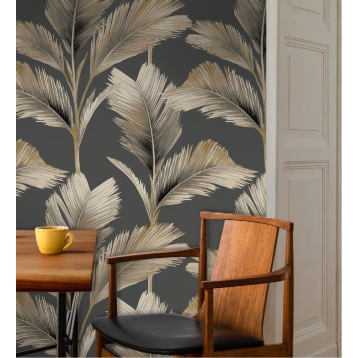 Papel pintado hojas de palma tropical color beige perlado sobre fondo gris mate - Areca 682847