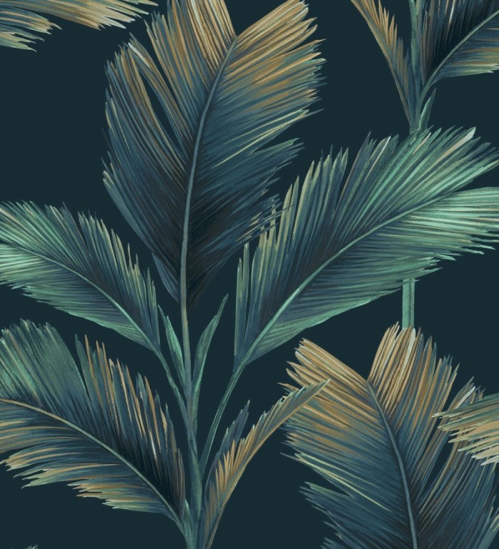 Papel pintado hojas de palma tropical color azul turquesa sobre fondo azul petróleo - Areca 682848