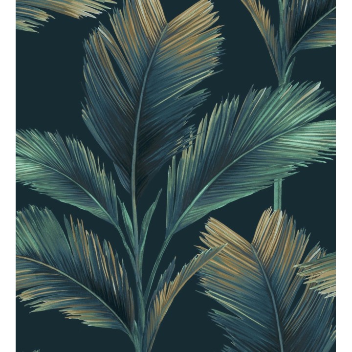 Papel pintado hojas de palma tropical color azul turquesa sobre fondo azul petróleo - Areca 682848