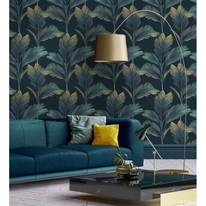 Papel pintado hojas de palma tropical color azul turquesa sobre fondo azul petróleo - Areca 682848