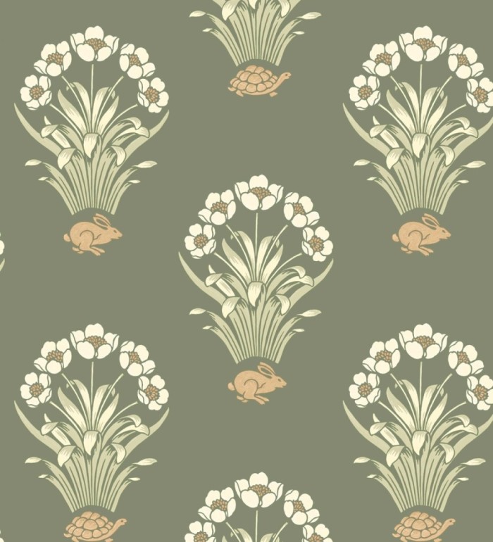 Papel pintado de flores conejos y tortugas estilo country fondo verde - Fiona Flowers 682849