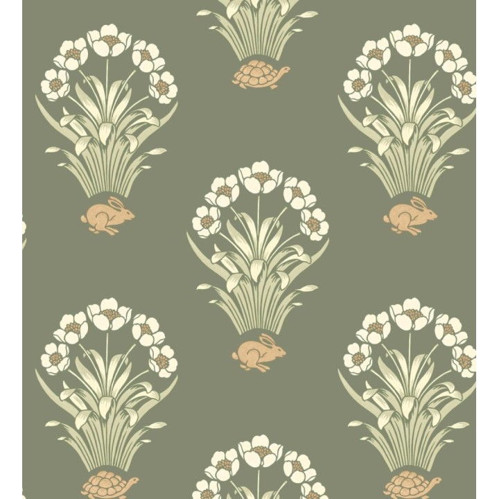 Papel pintado de flores conejos y tortugas estilo country fondo verde - Fiona Flowers 682849