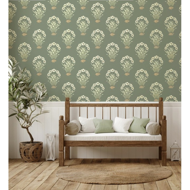 Papel pintado de flores conejos y tortugas estilo country fondo verde - Fiona Flowers 682849