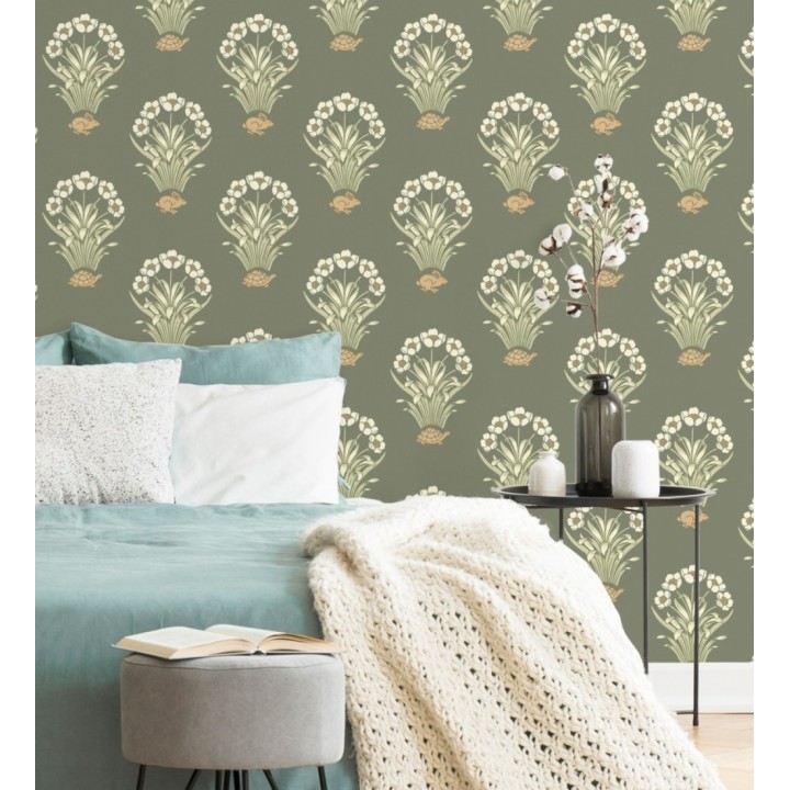 Papel pintado de flores conejos y tortugas estilo country fondo verde - Fiona Flowers 682849