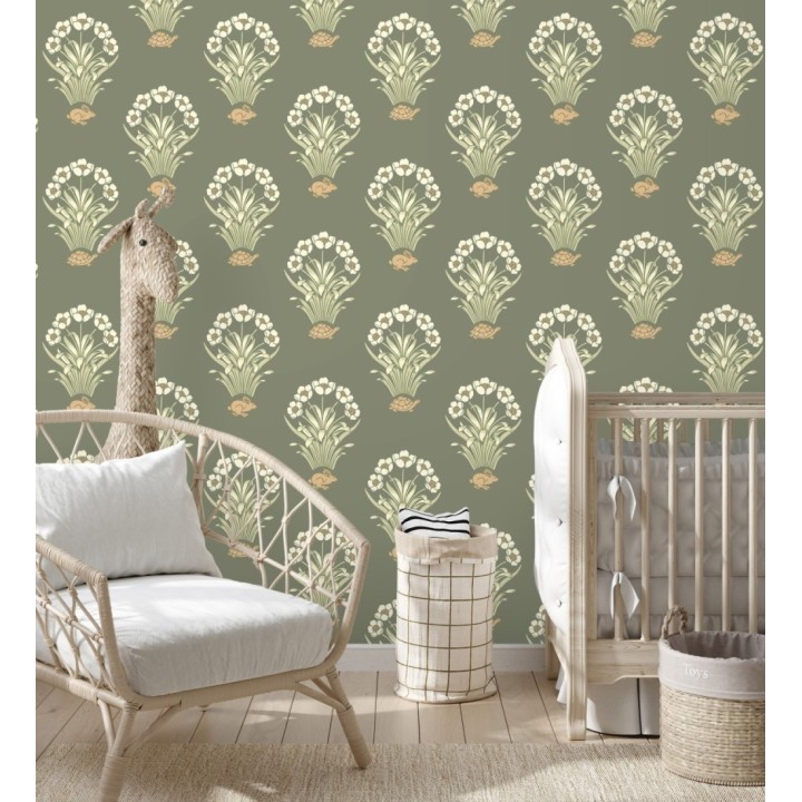 Papel pintado de flores conejos y tortugas estilo country fondo verde - Fiona Flowers 682849