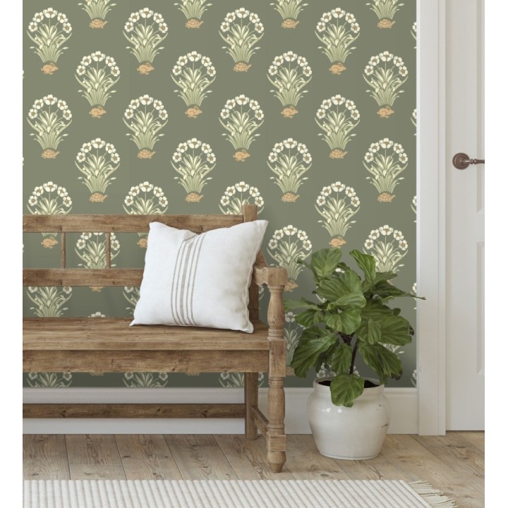 Papel pintado de flores conejos y tortugas estilo country fondo verde - Fiona Flowers 682849