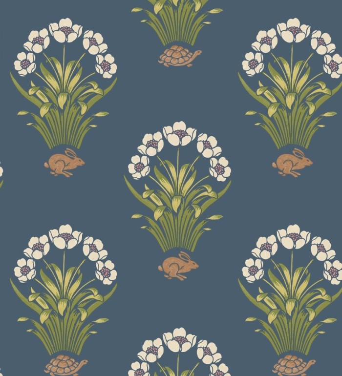 Papel pintado de flores conejos y tortugas estilo country fondo azul - Fiona Flowers 682850