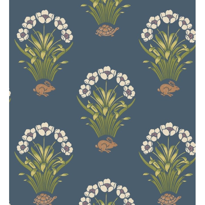 Papel pintado de flores conejos y tortugas estilo country fondo azul - Fiona Flowers 682850