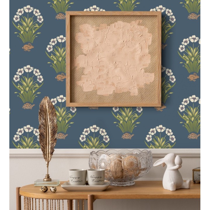 Papel pintado de flores conejos y tortugas estilo country fondo azul - Fiona Flowers 682850