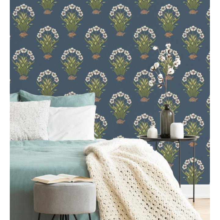 Papel pintado de flores conejos y tortugas estilo country fondo azul - Fiona Flowers 682850