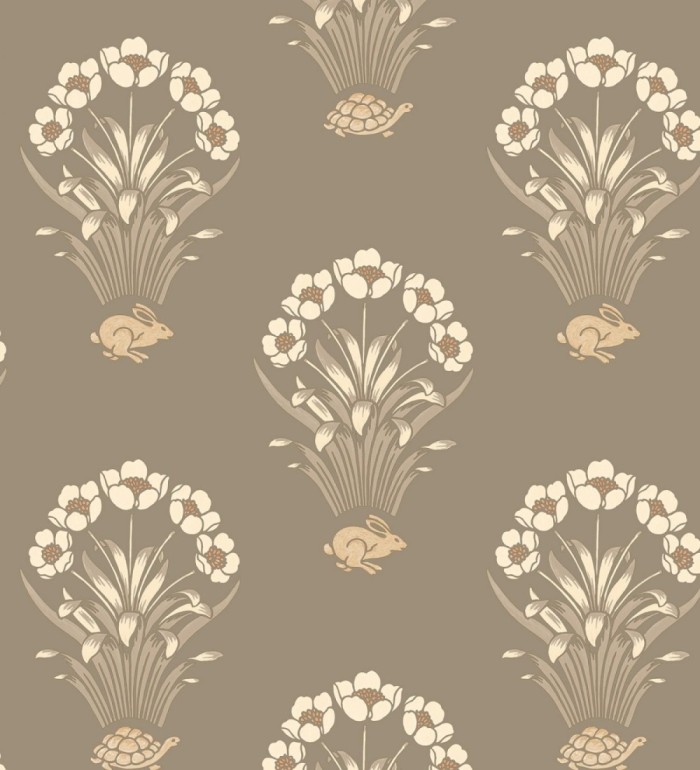 Papel pintado de flores conejos y tortugas estilo country fondo marrón topo medio - Fiona Flowers 682851