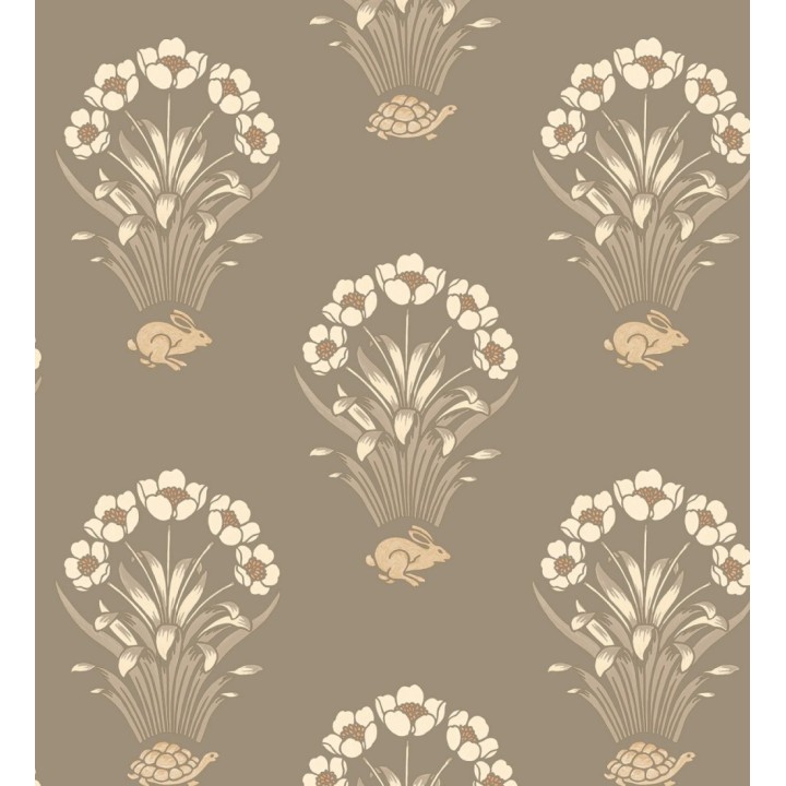 Papel pintado de flores conejos y tortugas estilo country fondo marrón topo medio - Fiona Flowers 682851