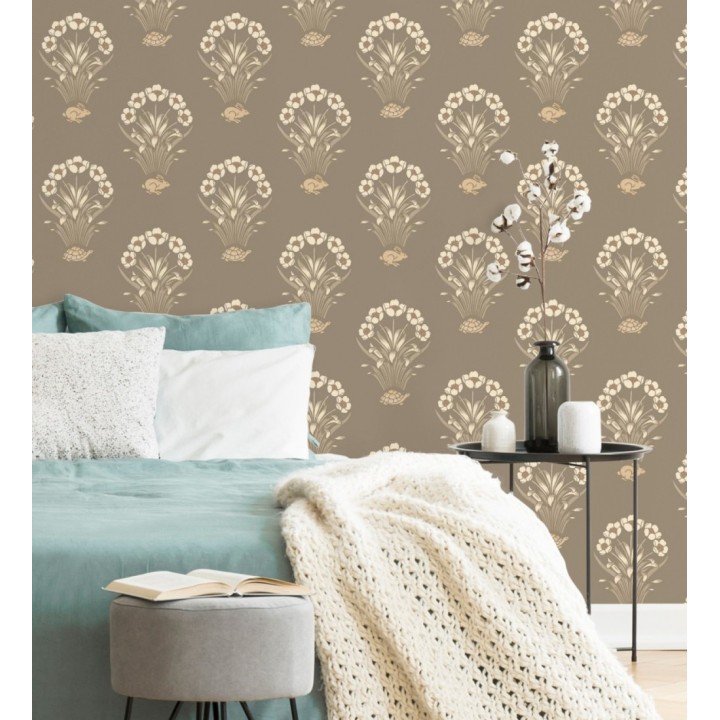 Papel pintado de flores conejos y tortugas estilo country fondo marrón topo medio - Fiona Flowers 682851