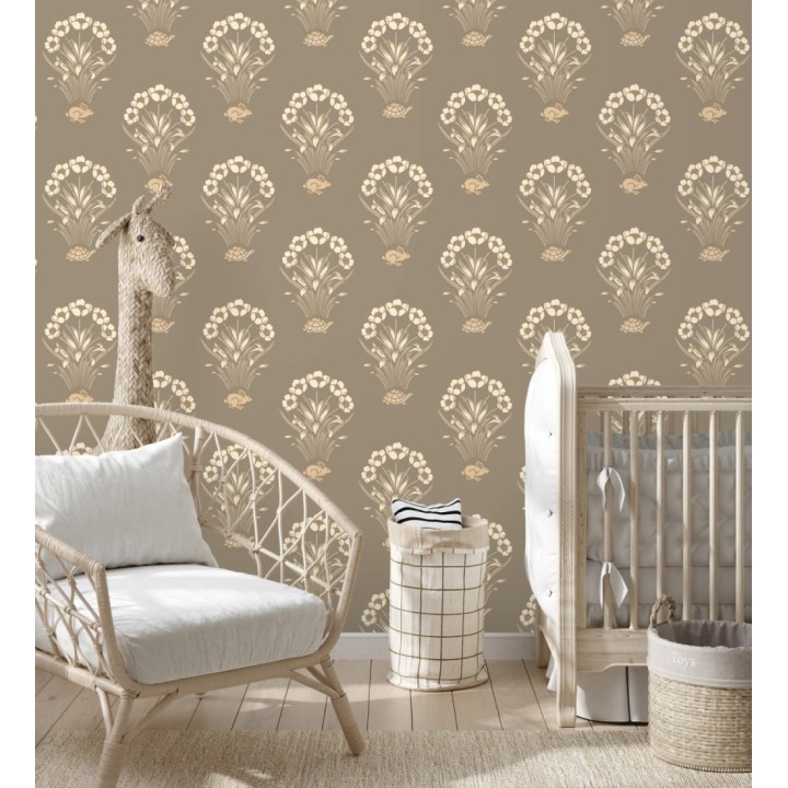 Papel pintado de flores conejos y tortugas estilo country fondo marrón topo medio - Fiona Flowers 682851