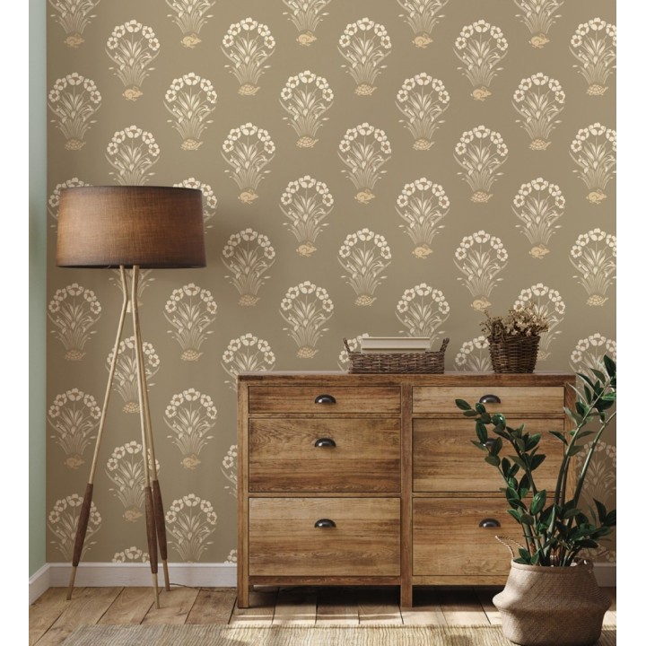 Papel pintado de flores conejos y tortugas estilo country fondo marrón topo medio - Fiona Flowers 682851