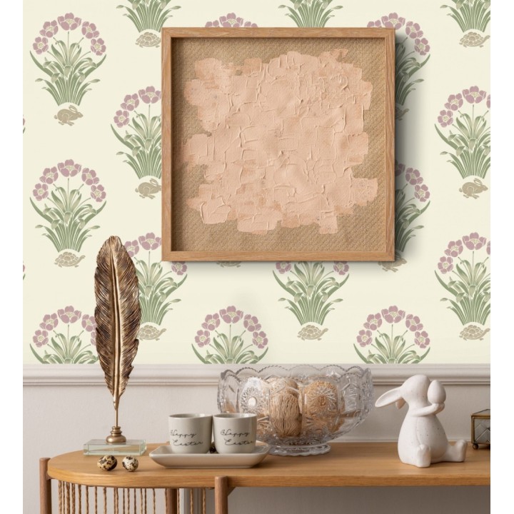 Papel pintado de flores conejos y tortugas estilo country fondo marfil - Fiona Flowers 682852