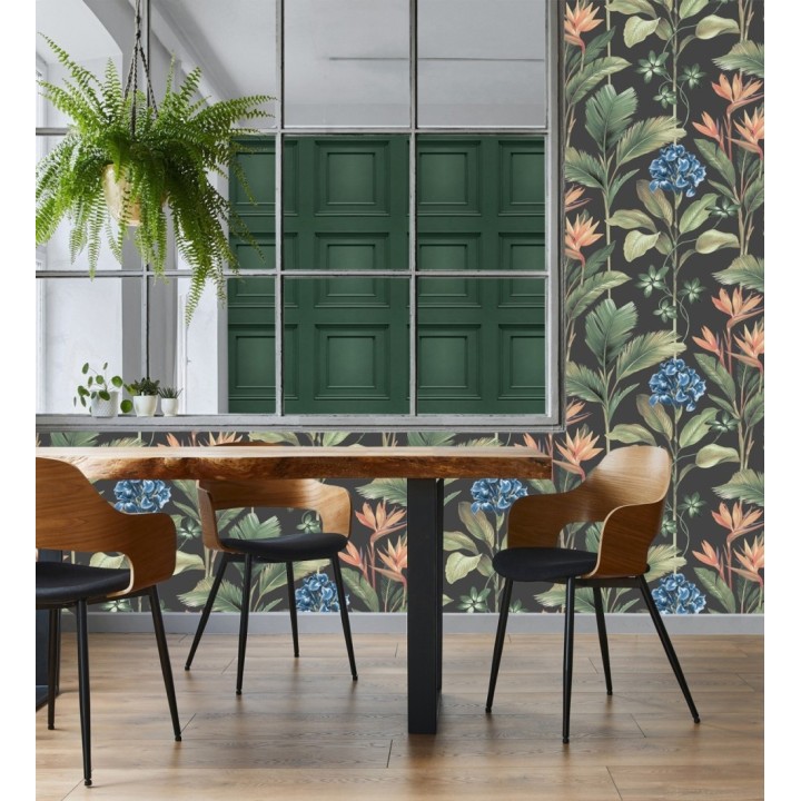 Papel pintado de flores del paraíso y hojas estilo tropical fondo negro - Mia Orchid 682876