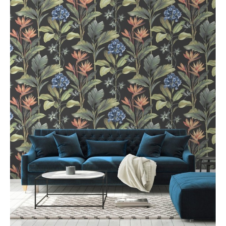 Papel pintado de flores del paraíso y hojas estilo tropical fondo negro - Mia Orchid 682876