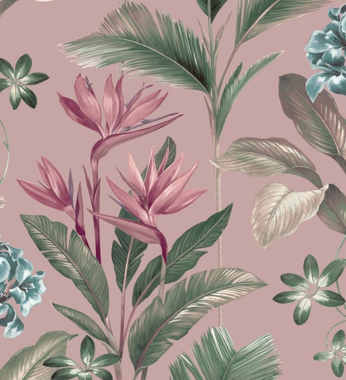Papel pintado de flores del paraíso y hojas estilo tropical fondo rosa pálido - Mia Orchid 682877