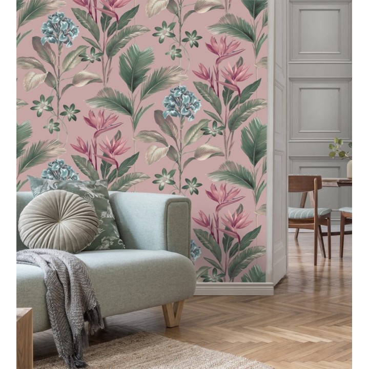 Papel pintado de flores del paraíso y hojas estilo tropical fondo rosa pálido - Mia Orchid 682877