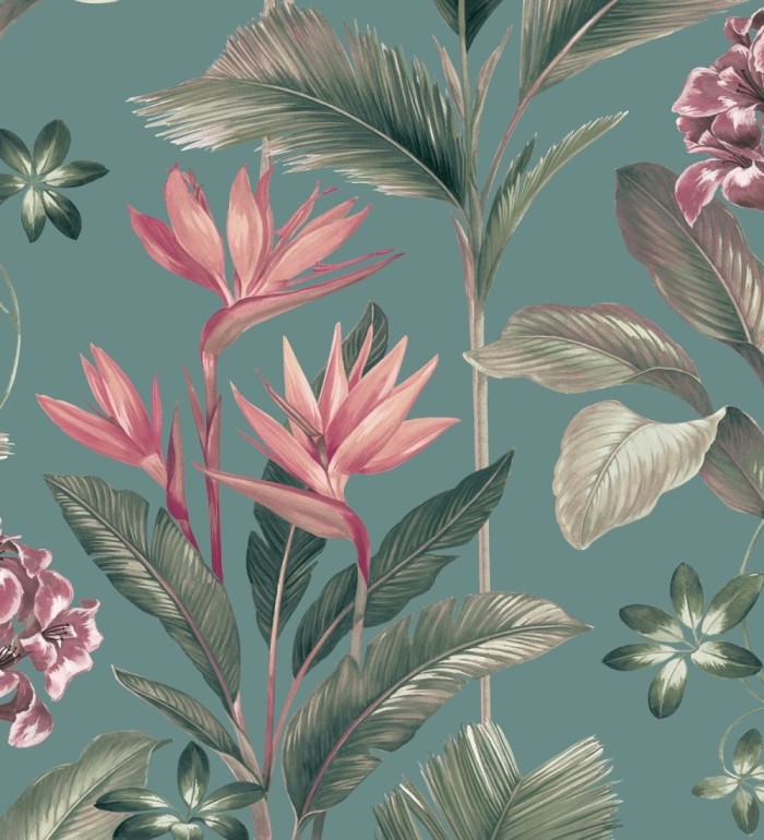 Papel pintado de flores del paraíso y hojas estilo tropical color azul turquesa oscuro - Mia Orchid 682878