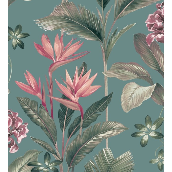 Papel pintado de flores del paraíso y hojas estilo tropical color azul turquesa oscuro - Mia Orchid 682878
