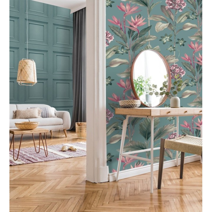 Papel pintado de flores del paraíso y hojas estilo tropical color azul turquesa oscuro - Mia Orchid 682878