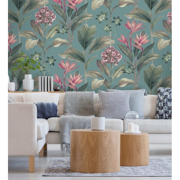 Papel pintado de flores del paraíso y hojas estilo tropical color azul turquesa oscuro - Mia Orchid 682878
